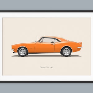 May include: A side view of an orange 1967 Chevrolet Camaro SS. The car is on a white background with the text "Camaro SS, 1967" below it.