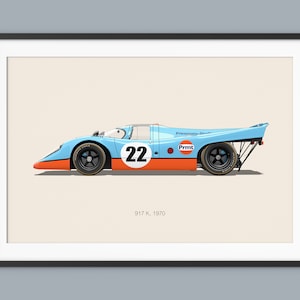 Porsche 917 K Carteles de coches Ilustración Impresiones Arte de pared para niños Niños Decoración de habitaciones Niños Oficina en casa Arte Niños Guardería Decoración Dormitorio Imprimir