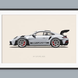 Puede incluir: Un Porsche 911 GT3 RS plateado, un coche deportivo de alto rendimiento, se muestra en vista de perfil. El coche tiene un gran aler&oacute;n trasero y detalles en negro. El texto "911 GT3 RS, 2023" est&aacute; impreso debajo del coche.