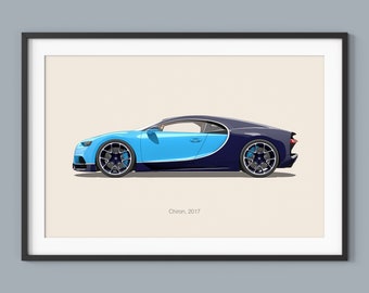 Impresión artística de ilustración de coche Bugatti Chiron, decoración para habitación infantil