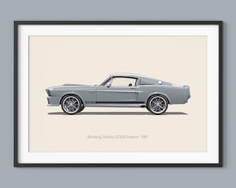 Ford Mustang GT500 Eleanor Illustration Art Print, Kids Room Decor