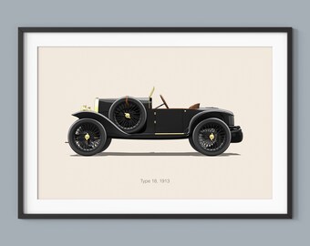 Bugatti Type 18 Car Posters Illustration Prints Wall Art for Kids Boys Room Decor Children Home Office Art Children Nursery Decor Dorm Print