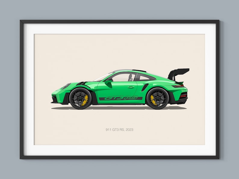 Puede incluir: Un Porsche 911 GT3 RS verde, un coche deportivo de alto rendimiento, se muestra en vista de perfil. El coche tiene un aler&oacute;n negro y rayas de carreras negras con el texto "GT3 RS" en el lateral.