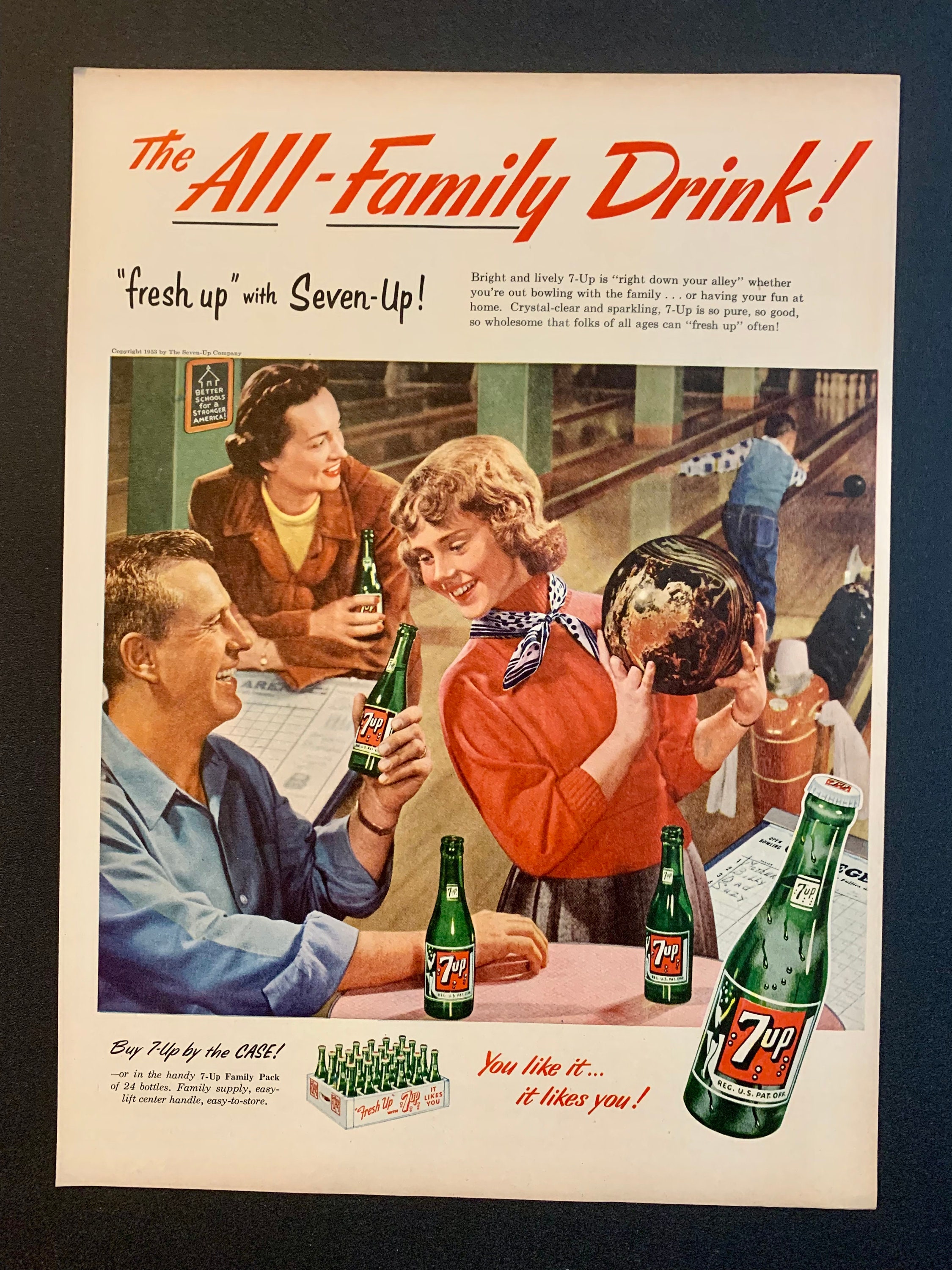 1953 Retro Seven-Up 7-Up Ad ~ Baseball Kids, Vintage Beverage Ads