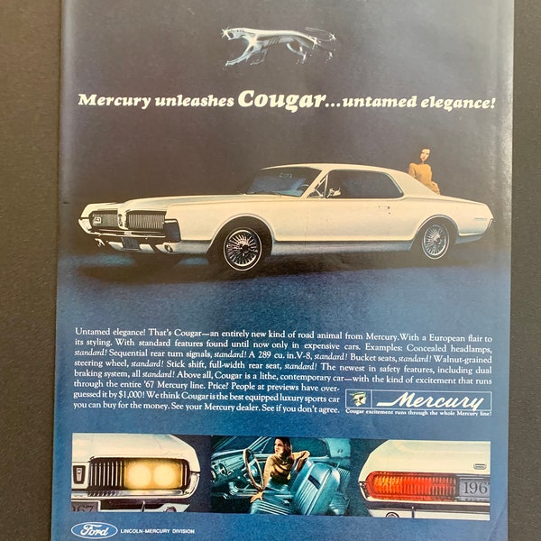 1967 Mercury Cougar Original Vintage Retro Classic Car Advertisement Magazine Ads