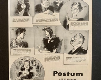 1943 Postum Coffee Substitute WW2 Propaganda Ad | Original Vintage WWII Advertisement | Retro Magazine Print Advertising Poster