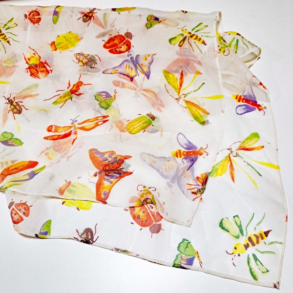 1990's Vintage Silk Organza Butterflies and Bugs Scarf