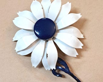 Vintage 1970's Navy and White Metal 4 Inch Daisy Pin
