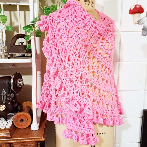 Mod Neon Pink Hand Crocheted Shawl - image 1