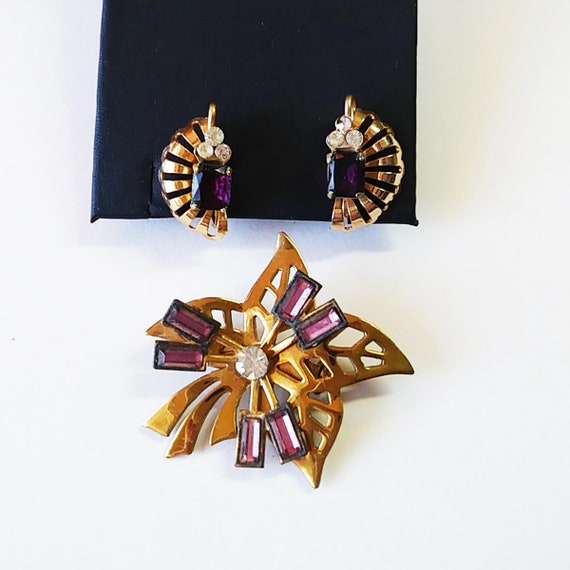 Vintage Purple and Gold Pin and Earrings - image 1