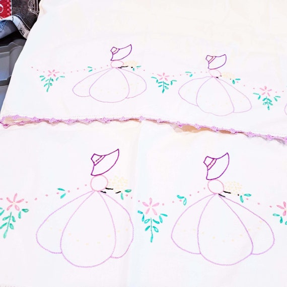 Vintage Embroidered Pillow Cases: Lady Design, Cotton Pair