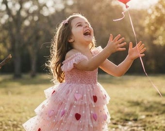 Jurk van tule met roze hart, outfit voor valentijnsverjaardag meisjes, feestjurk met gesmokt lijfje
