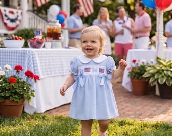 Vestito patriottico per bambina, vestito blu con pieghe, completo per il 4 luglio, vestito classico americano per bambina, vestito con pieghe per il giorno dell'Indipendenza
