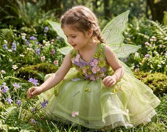 Vestito da fata farfalla per bambine, costume da fata del bosco verde, vestito da fata dei fiori per il compleanno, vestito per la festa nel giardino incantato