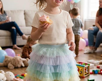 Falda tutú de tul en capas con estampado de arcoíris pastel, atuendo para fiesta de cumpleaños, vestido para fotos de niña pequeña