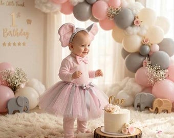 Disfraz de elefante rosa con tutú, atuendo de cumpleaños estilo safari con orejas, diadema y cola, ideal para sesiones de fotos de cumpleaños con pastel.