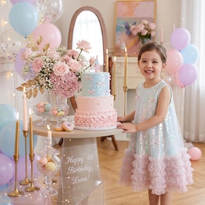 Può includere: Una bambina sorride accanto a una torta di compleanno a due piani con glassa blu e rosa, decorata con fiocchi. La torta è su un tavolo rotondo con una composizione floreale e candele. Palloncini e un cartello con "Happy 4th Birthday, Luna!" completano la scena.