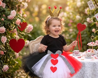 Hartenkoningin tutu-kostuumset, rood zwart-witte verjaardagsoutfit kroonstaf