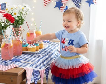 Tutu-outfit baby VS, jurk babymeisje 4 juli, patriottische outfit eerste verjaardag, set rood wit blauw tule