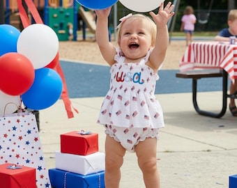 Completo in cotone per neonata USA, abbigliamento per bambina per il 4 luglio, set patriottico con bolle di sapone, completo per il primo compleanno, set rosso, bianco e blu
