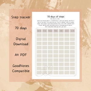 Könnte beinhalten: Druckbarer 70-Tage-Schrittzähler mit einem täglichen Raster zum Verfolgen von Schritten. Der Tracker ist für die Verwendung mit GoodNotes konzipiert und als digitaler Download im A4-PDF-Format verfügbar. Der Tracker verfügt über einen hellbraunen Hintergrund mit einem weißen Raster und Text.