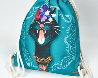 Turquoise "Cat Gang" gym bag, backpack, bag, pouch, gym bag, fabric bag, sports bag, drawstring bag, drawstring bag