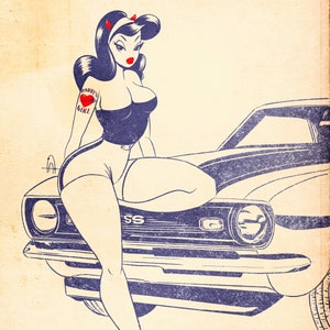 Daddy’s Girl Pin Up Illustration * Retro Style Pin Up Art * Vintage Car Art