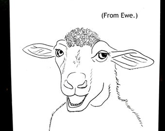 Feliz cumpleaños oveja. Tarjeta de felicitación impresa y dibujada a mano