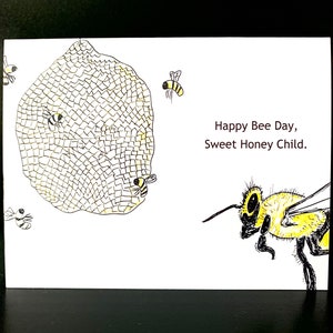 Bee Day. Hand Drawn, Printed Greeting Card.
