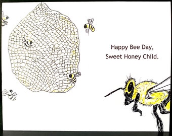 Bee Day. Hand Drawn, Printed Greeting Card.