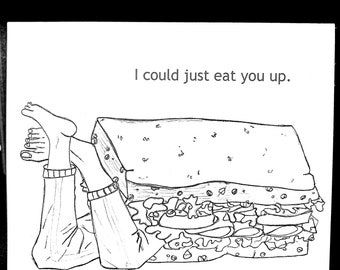 Te comeré. Dibujo a mano, tarjeta de felicitación impresa.