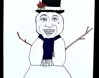 Tarjeta de felicitación con muñeco de nieve. Dibujada a mano e impresa.