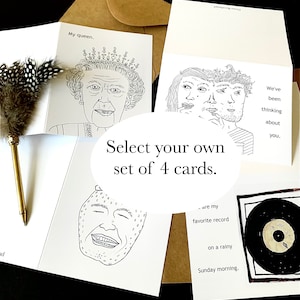 Selecione seu próprio conjunto de 4 cartas. Cartões desenhados à mão e impressos.