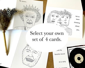 Seleccione su propio juego de 4 cartas. Tarjetas de felicitación impresas dibujadas a mano.