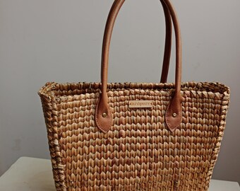 Natural Wicker Tote bag / Water Hyacinth Shoulder bag/ Straw grass boho bag/ Handbag with Natural Leather