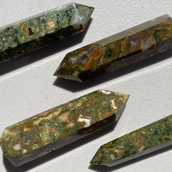 Rainforest Jasper Towers (You Choose), Rainforest Rhyolite, Rhyolite Points, Rhyolite Wands, Earth, Happiness, Balance, Strength, Protect