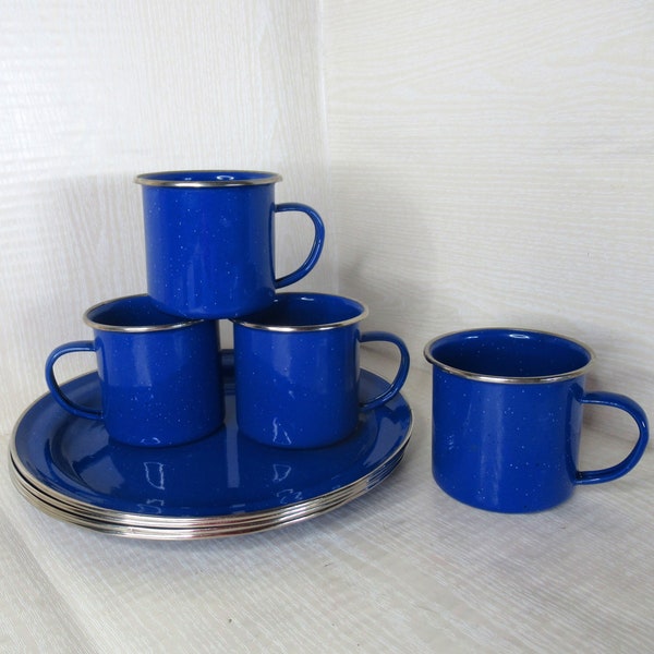 Blue White Sprinkles Enamelware Dinnerware Set of Four Dishes Plates Cups Camping Country Kitchen