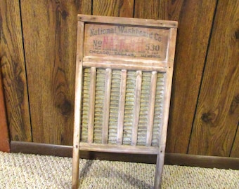Vintage National Washboard Co No 530 Wood Brass Scrap Board Laundry Room Decor