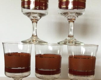 6  Vintage mid-century Libby Brandywine water wine goblets .
