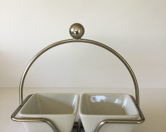 Pampered Chef “Simple Additions” White Serveware with Brushed Nickle Rack Stand
