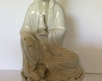 Blanc De China Guan Yin Figurine Sitting on A Lotus Flower