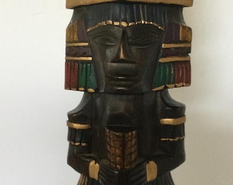 Hand Carved and Painted Wooden Aztec Inca Mayan Priest Totum Sculpture