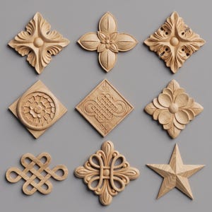 May include: A collection of nine light-colored wooden decorative appliques featuring various carved designs including floral patterns, geometric shapes, a star, and intricate knotwork. Each piece displays a natural wood grain texture and finish.
