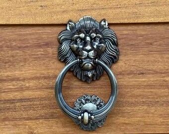 Antique Lion Door Knocker 20cm, Vintage Brass Style Cast Metal Handle