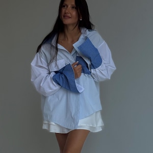 Oversized women blouse, classic cotton shirt, oversized comfy shirt, embroidery blue white blouse, cotton office shirt, autumn women shirt