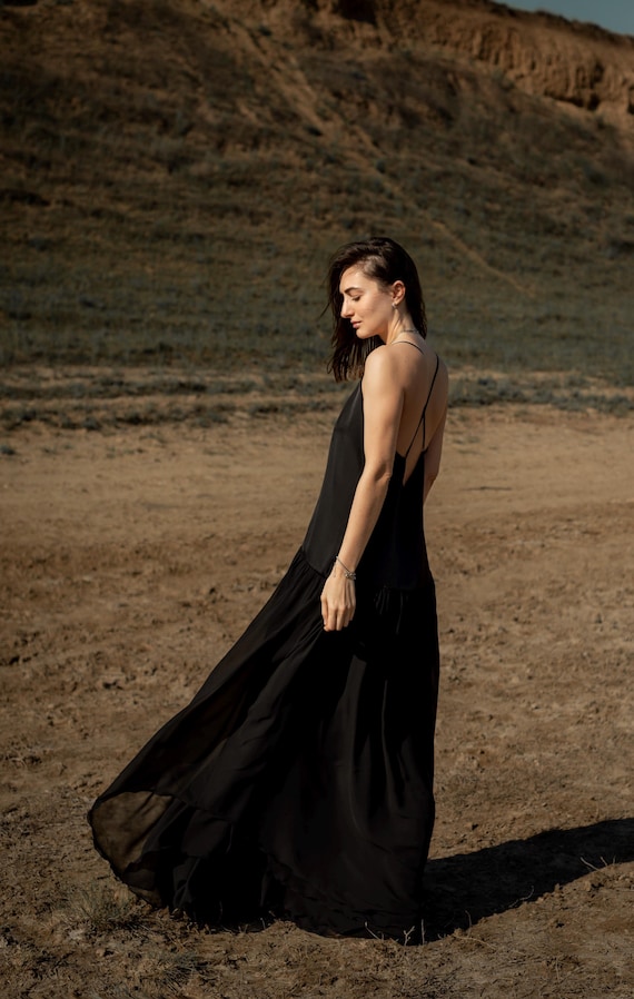 Classic Black Maxi Dress, Romantic Dress, Handmade Dress, Evening