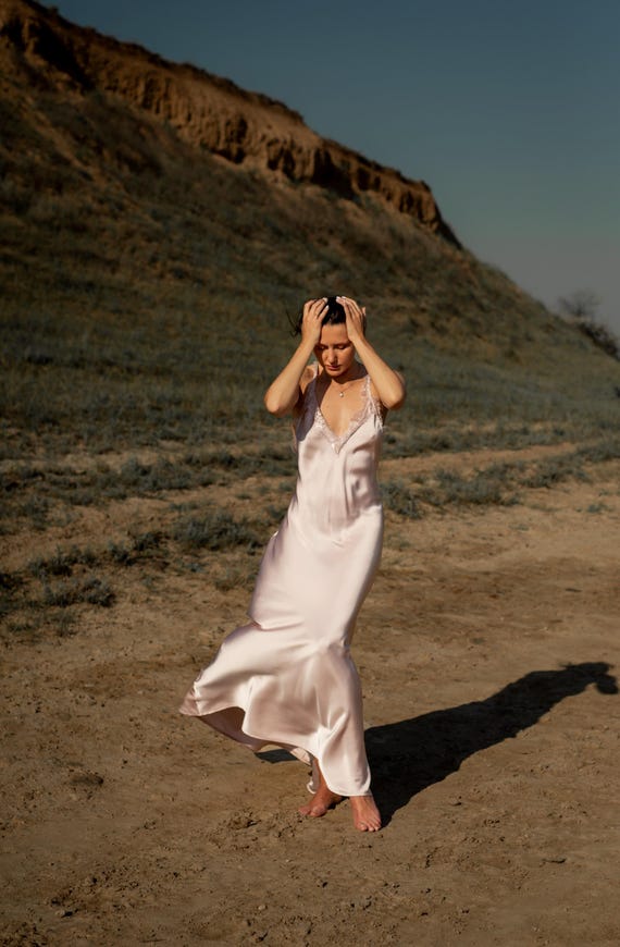 Powder-colored Silk Slip Dress, Lace Trim Lounge Gown - Etsy Israel