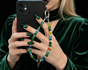 Forest Phone Charm Green Phone Charm Nature Keychain French Country Boho Beaded Wrist Crystal Glass Lake Blue Forest Green Camera Strap Gift