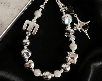 Y2K Cyberpunk Phone Keychain Custom Name Lanyard Silver Electroplated Rhinestone Cross Pendant Charm Holder Camera Strap Personalized Gift