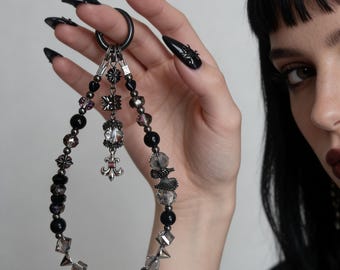 Punk Gothic Phone Bracelet Gunmetal Grey Beaded Wrist Lanyard Crystal Stud Camera Strap Oddities Keychain Goth Emo Phone Charm Kindle Gift